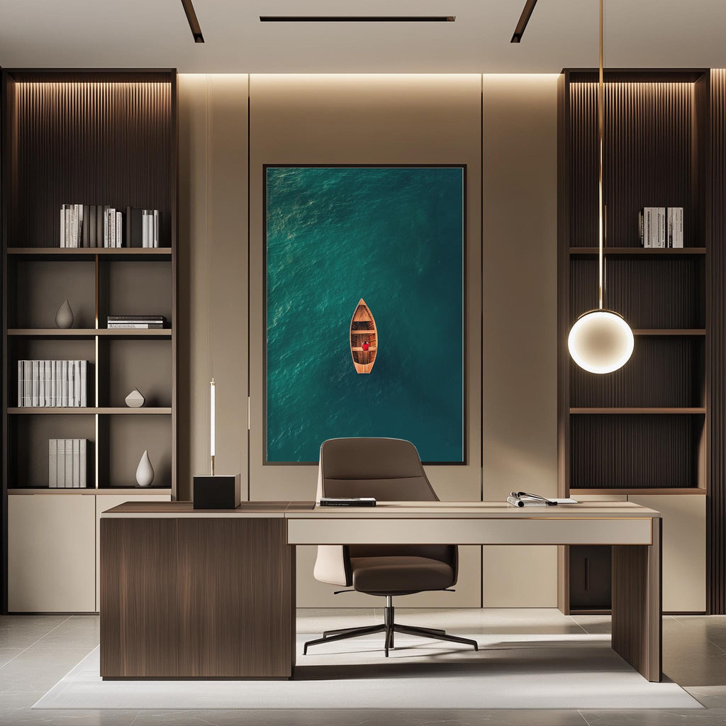 a modern office space with a large window overlooking a body of water, allowing natural light to fill the room. The office is furnished with a desk, chair, and bookshelves, creating a professional and comfortable workspace.