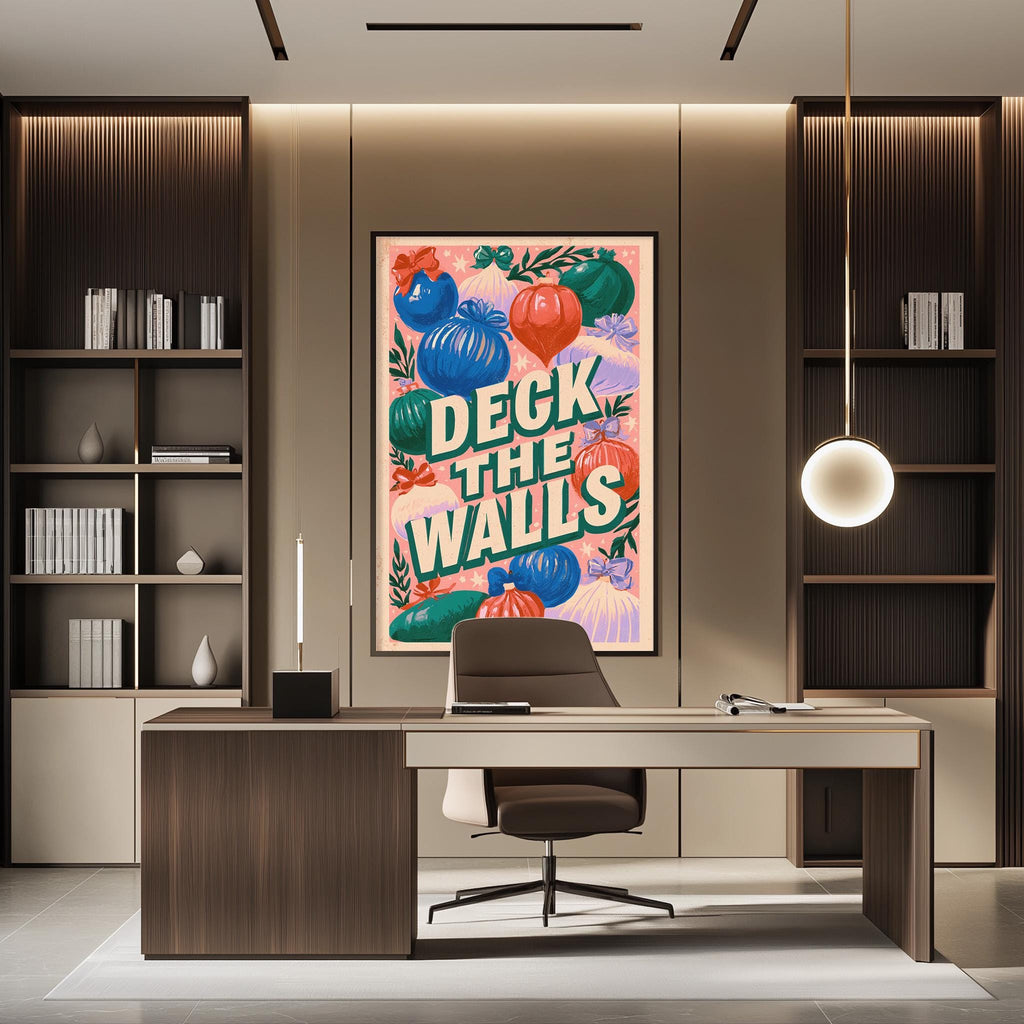 a modern office space with a large framed poster on the wall that says "DECK THE WALLS". The office has a wooden desk, a chair, and a bookshelf. The overall design and decor of the space create a professional and stylish atmosphere.
