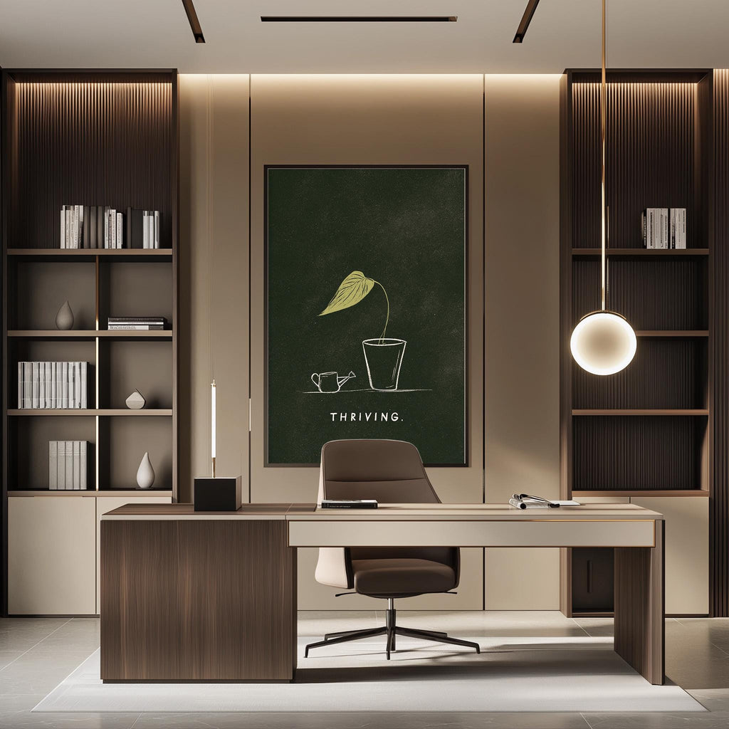 a modern and minimalist office space with a desk, chair, and shelving units.