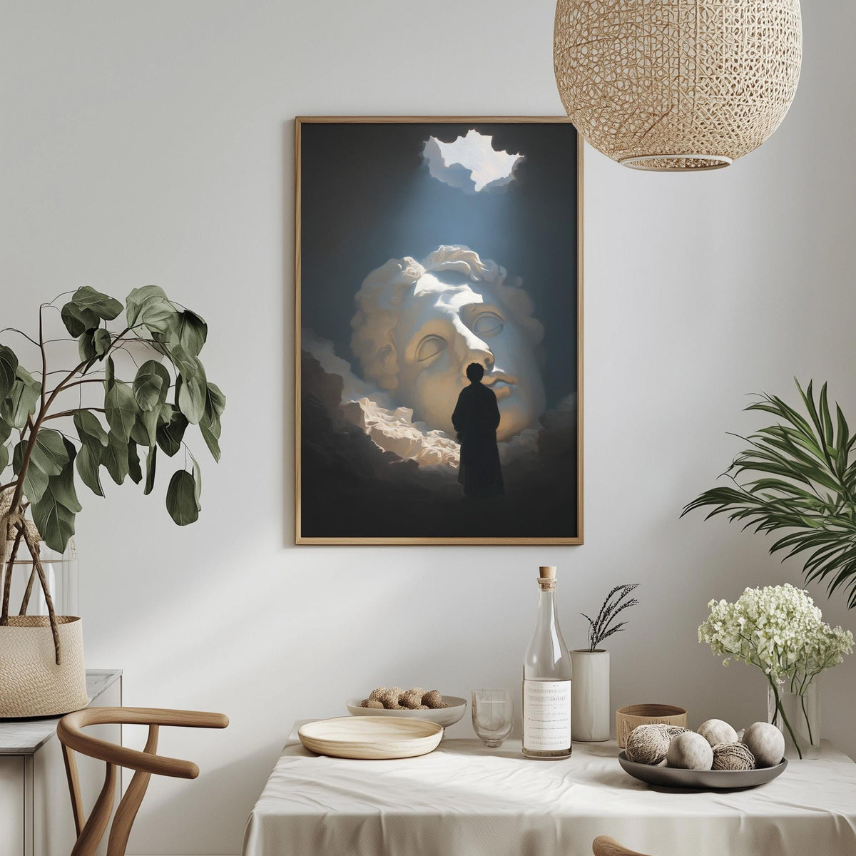 a dining table with a white tablecloth, a bottle, a bowl, and a vase with flowers. Above the table, there is a framed painting depicting a person standing in front of a large cloud-like shape, with a bright light shining from above.