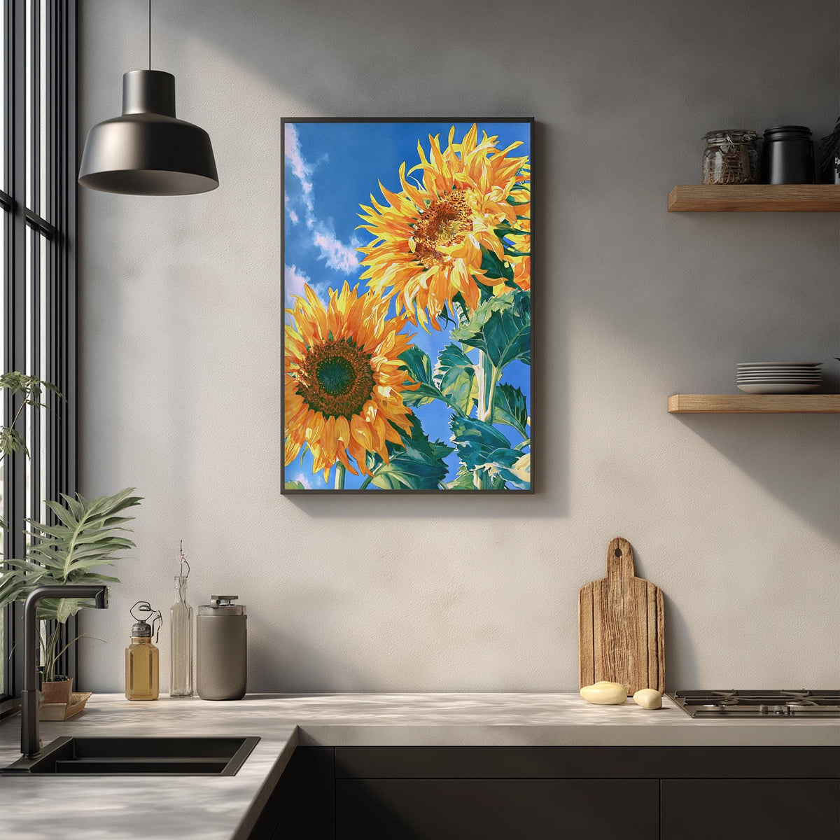 a kitchen counter with a framed painting of two vibrant sunflowers hanging above it. The painting is the focal point of the kitchen, adding a touch of nature and color to the space.