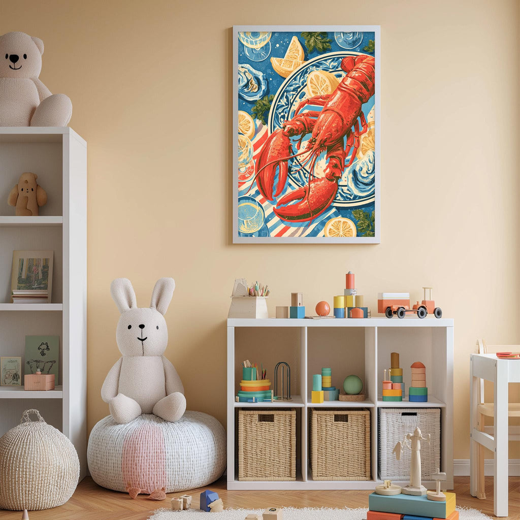 A child's bedroom with a large stuffed bunny, a toy train, and a framed painting of a lobster on the wall.