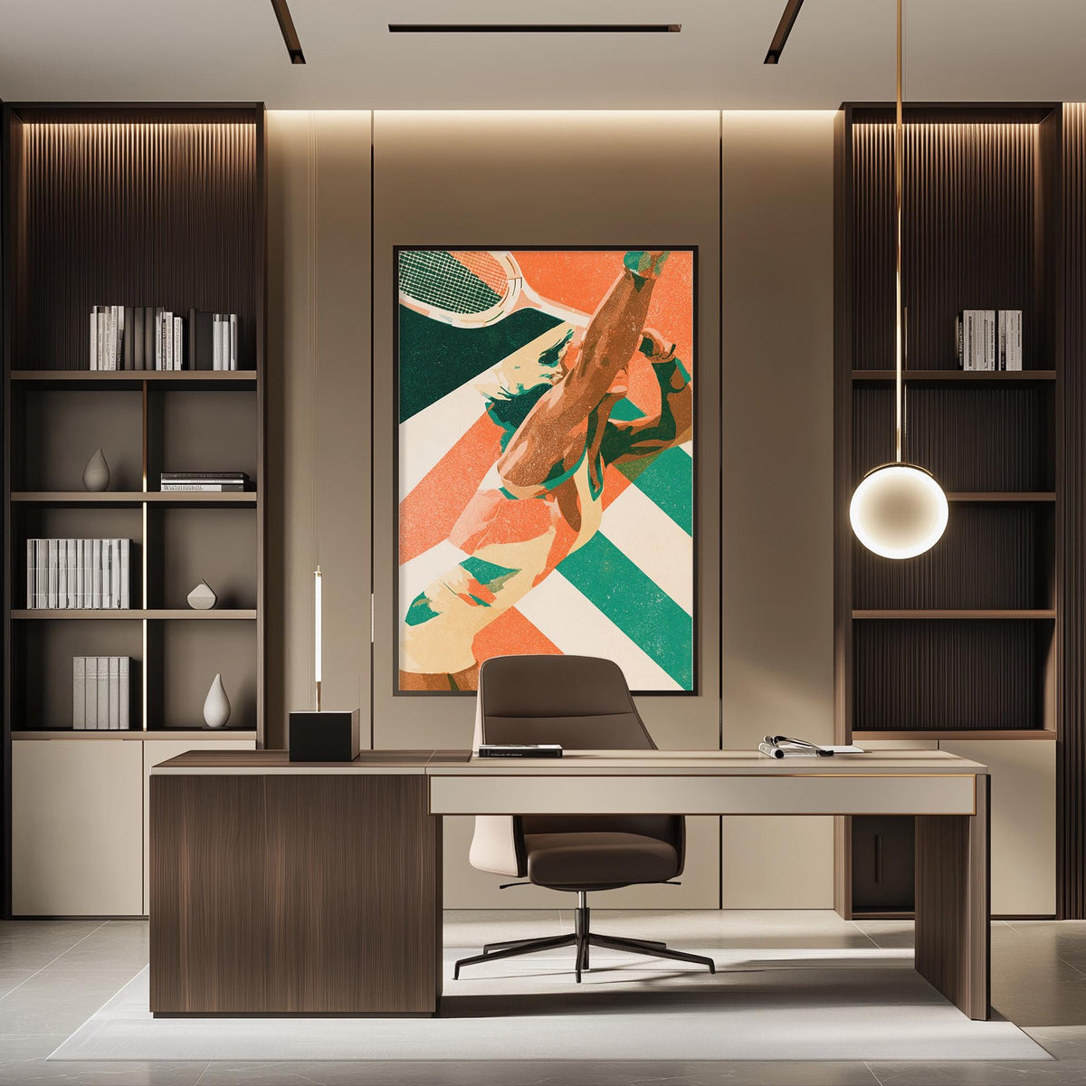 a modern and stylish office space with a large abstract painting on the wall, a wooden desk with a chair, and built-in bookshelves.