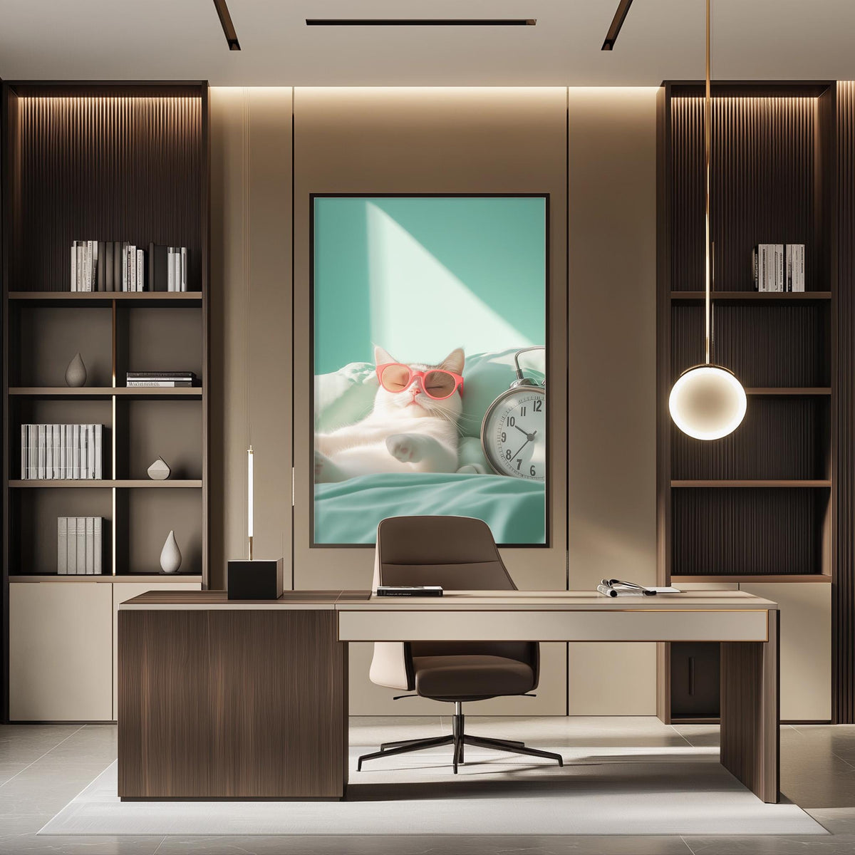 a modern and stylish office space with a large framed artwork of a cat wearing sunglasses on the wall. The office features a wooden desk, a comfortable chair, and a bookshelf filled with books. The overall design and decor create a pleasant and professional atmosphere.