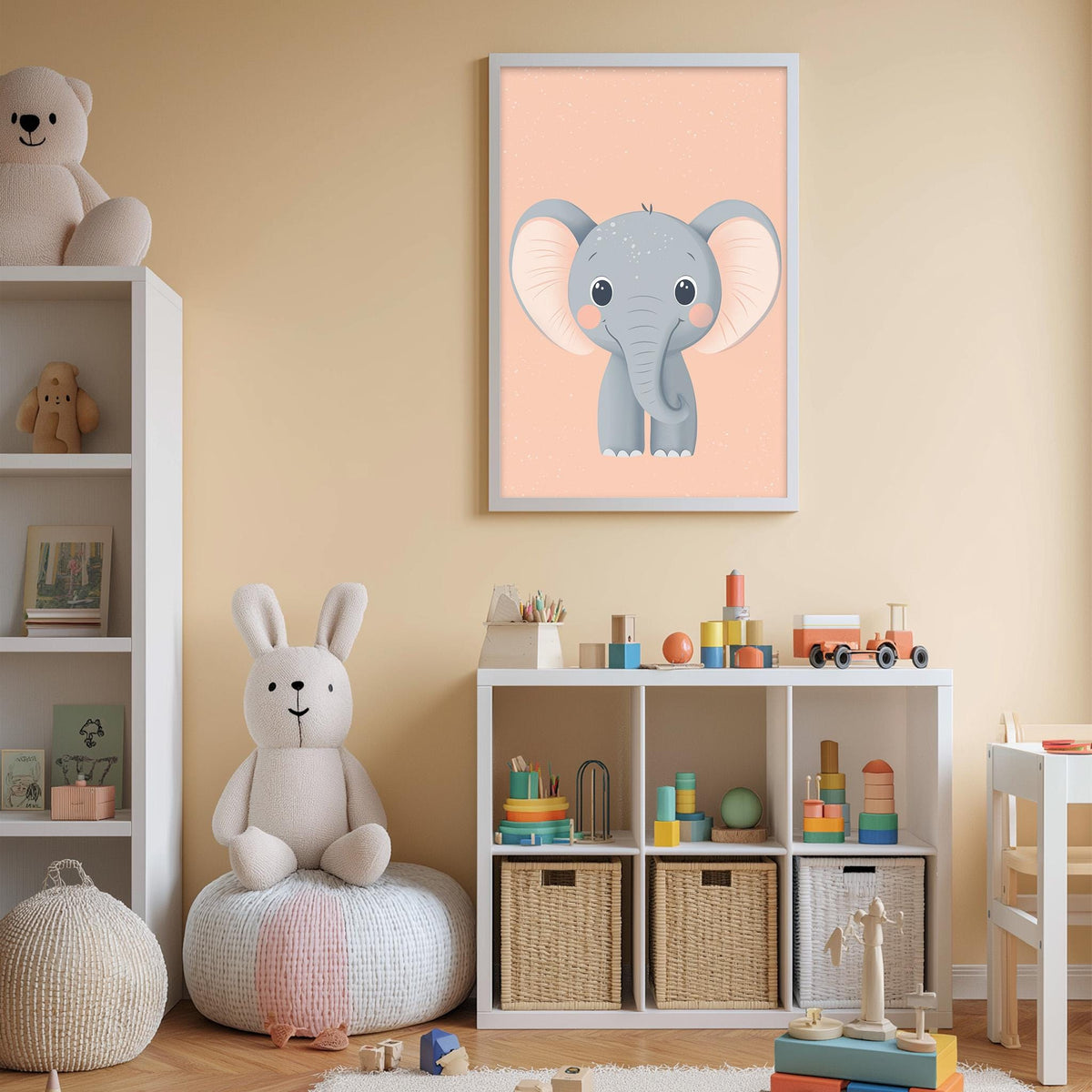 A cozy and colorful children's bedroom with a large elephant poster on the wall, a stuffed rabbit, a bookshelf filled with toys, and a bean bag chair.