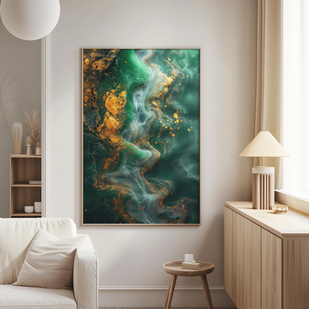 a large abstract painting hanging on a white wall in a living room. The painting has a vibrant green and gold color scheme, with swirling patterns and textures that create a dynamic and eye-catching visual display.