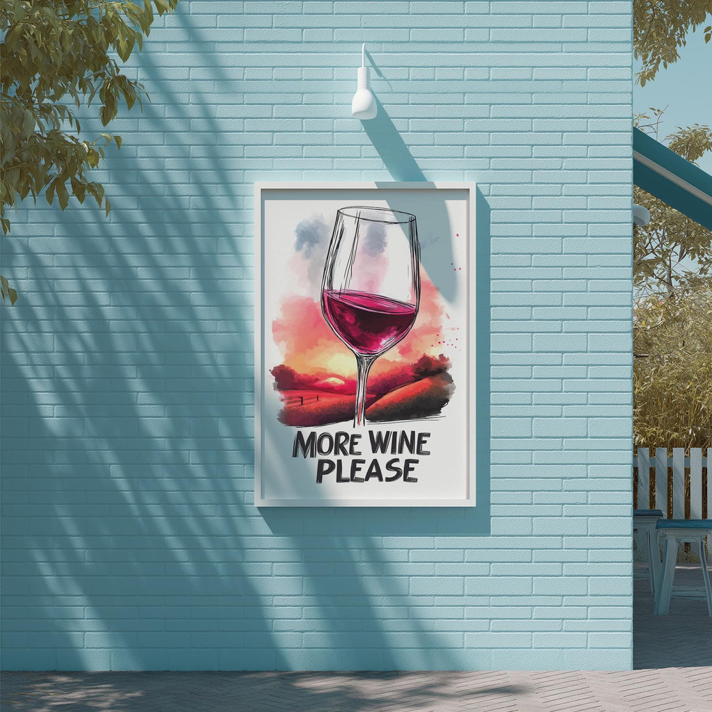 a poster with a wine glass and the text "MORE WINE PLEASE" displayed on a blue brick wall.