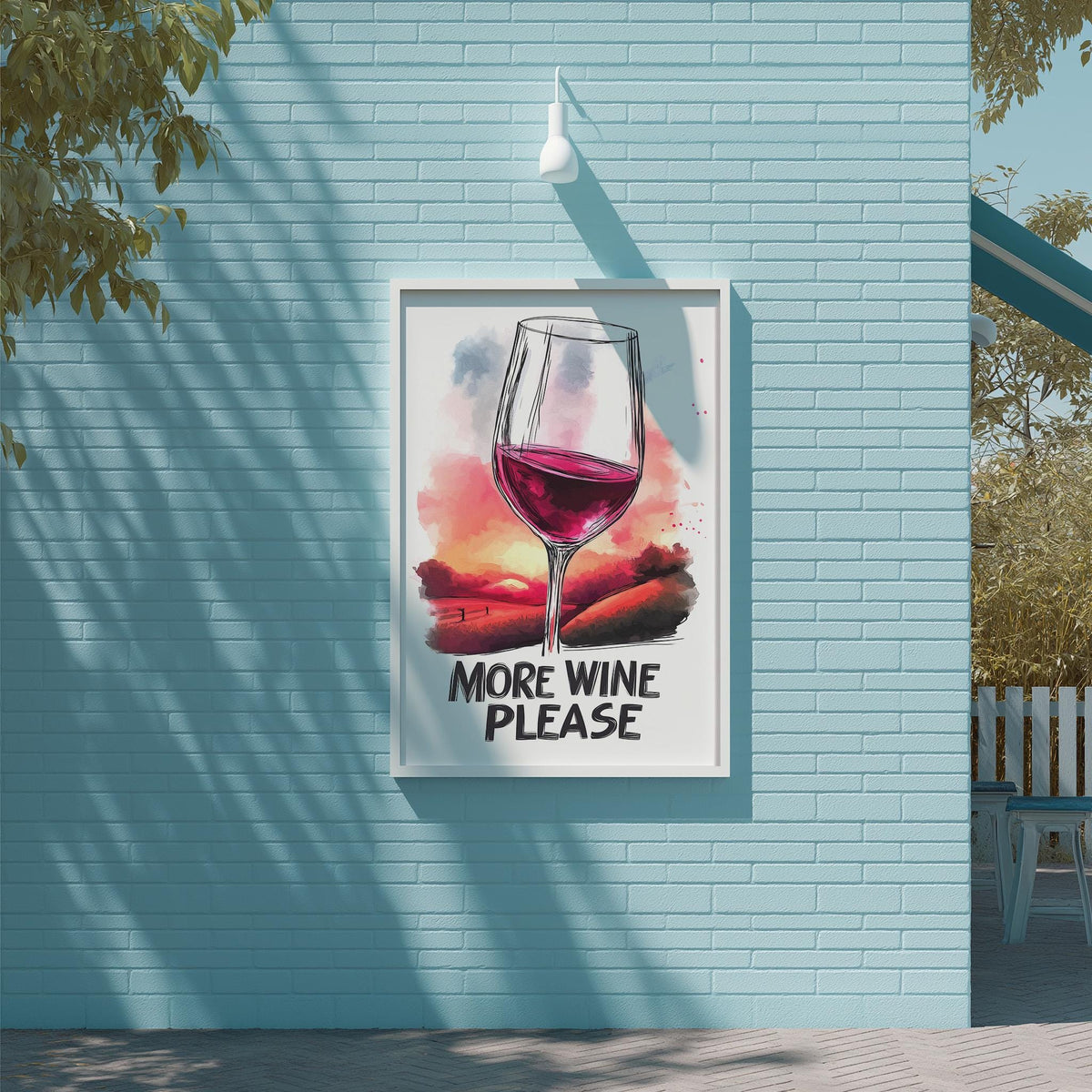 a poster with a wine glass and the text "MORE WINE PLEASE" displayed on a blue brick wall.