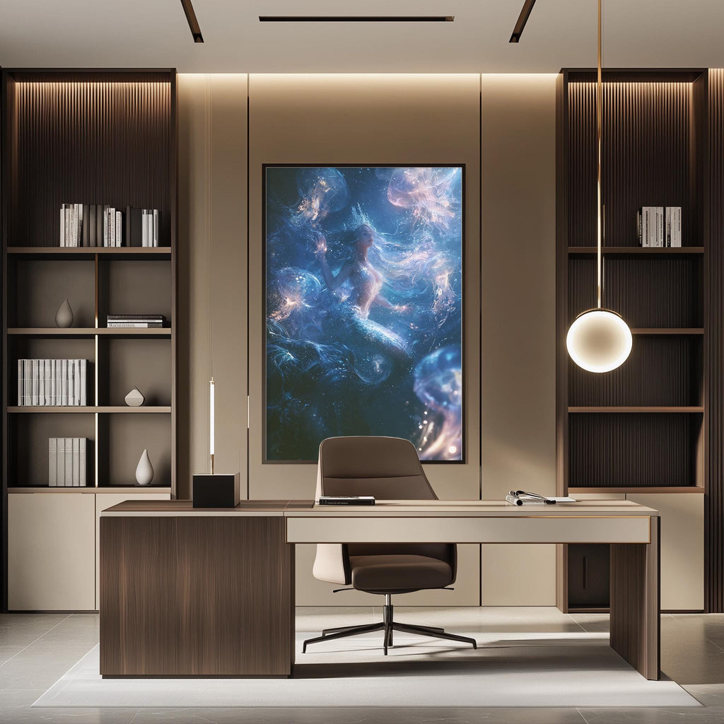 a modern and stylish office space with a large, vibrant painting of a cosmic scene hanging on the wall behind a desk with a chair.