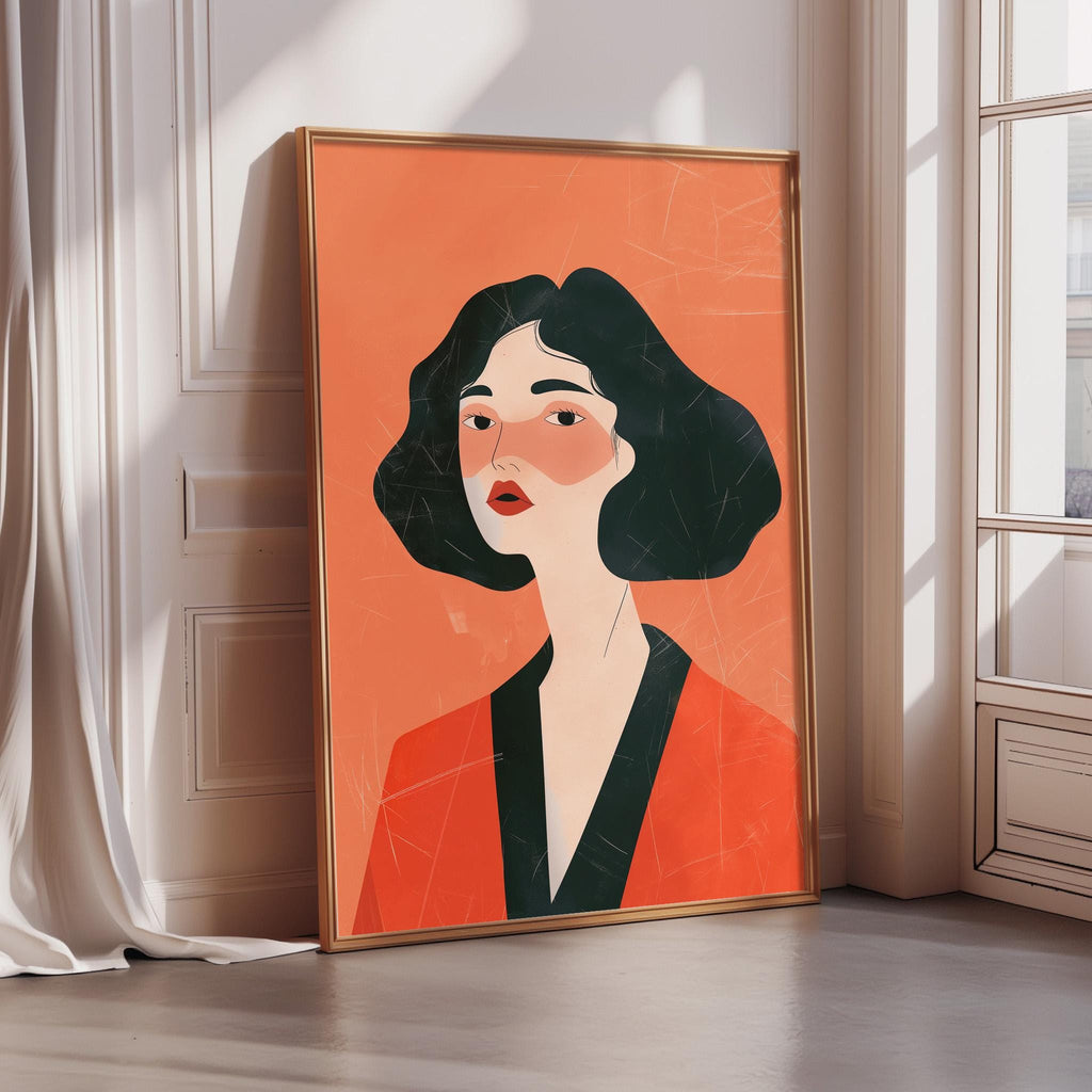 a framed illustration of a woman with black hair wearing a red outfit.