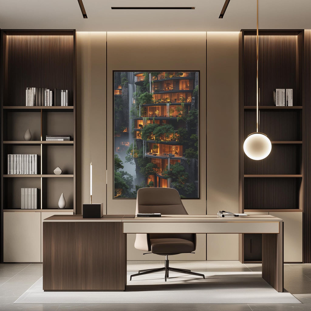 a modern and well-lit office space with a large window overlooking a building with a unique, multi-level structure. The office features a wooden desk, a comfortable chair, and a bookshelf filled with books and decorative items. The overall design and layout of the space create a professional and inviting atmosphere.