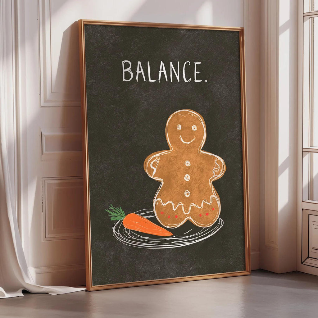a gingerbread man sitting on a plate with a carrot, accompanied by the word "BALANCE" written above it.