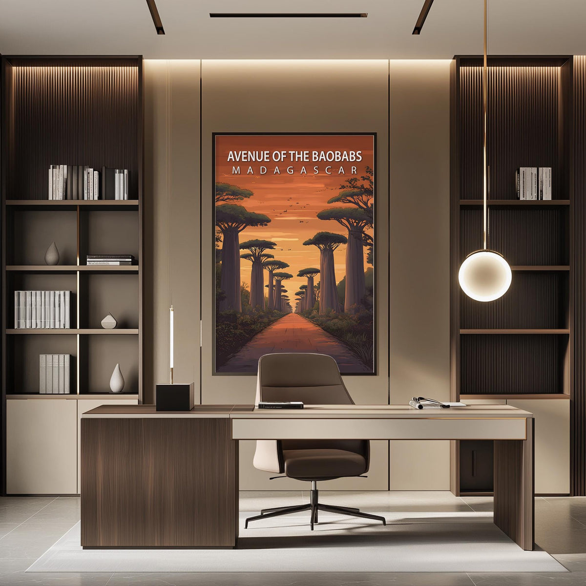 a modern office space with a large framed poster of a tropical forest scene on the wall, a desk with a chair, and built-in bookshelves.