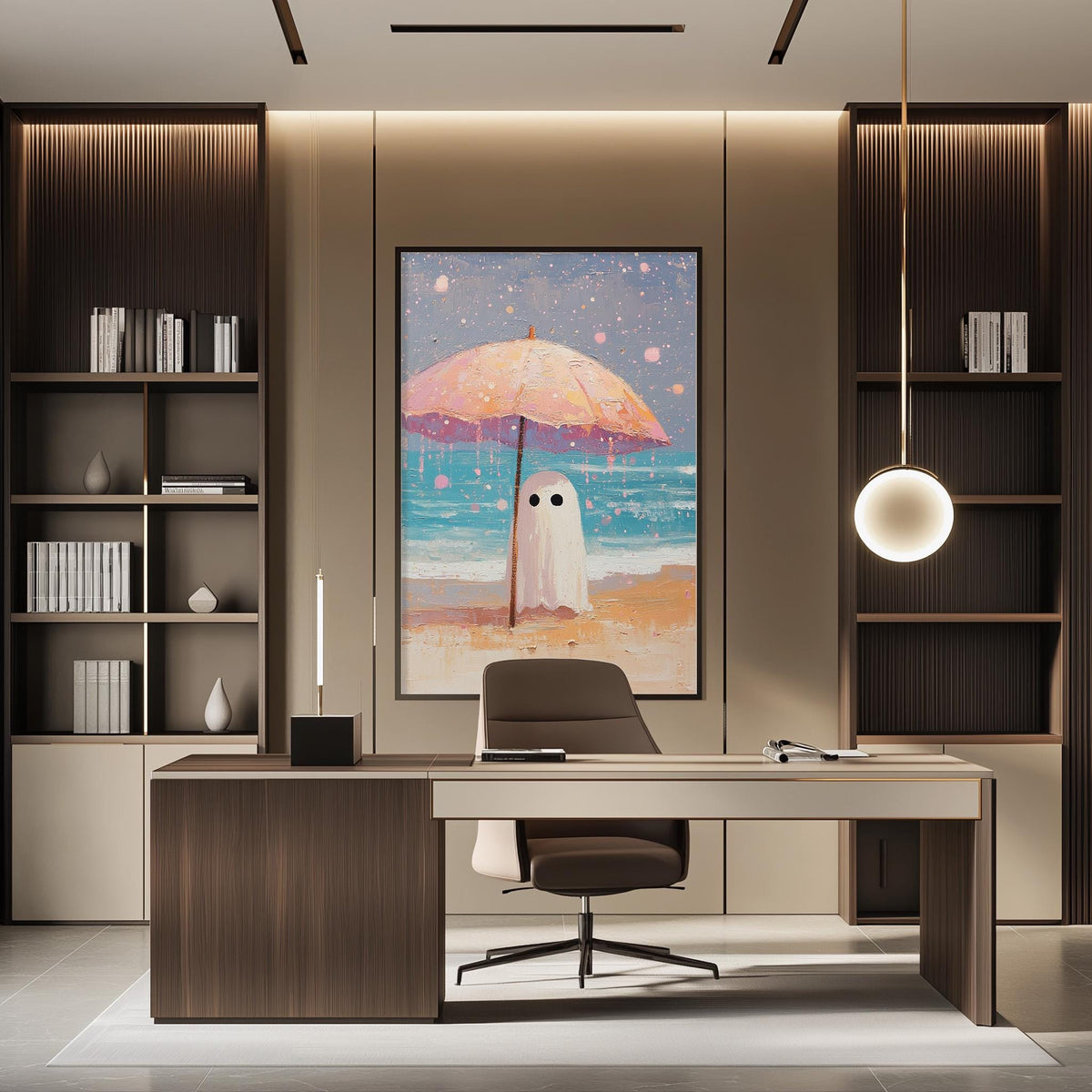 a modern office space with a large framed artwork of a ghost under an umbrella on the wall, creating a whimsical and creative atmosphere.