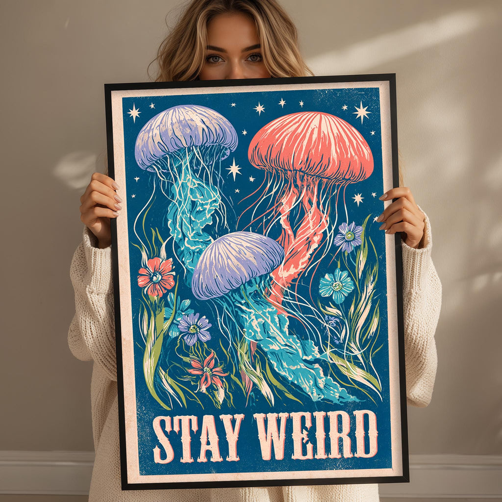 A woman is holding up a framed poster with a vibrant illustration of jellyfish and flowers, along with the text "STAY WEIRD".