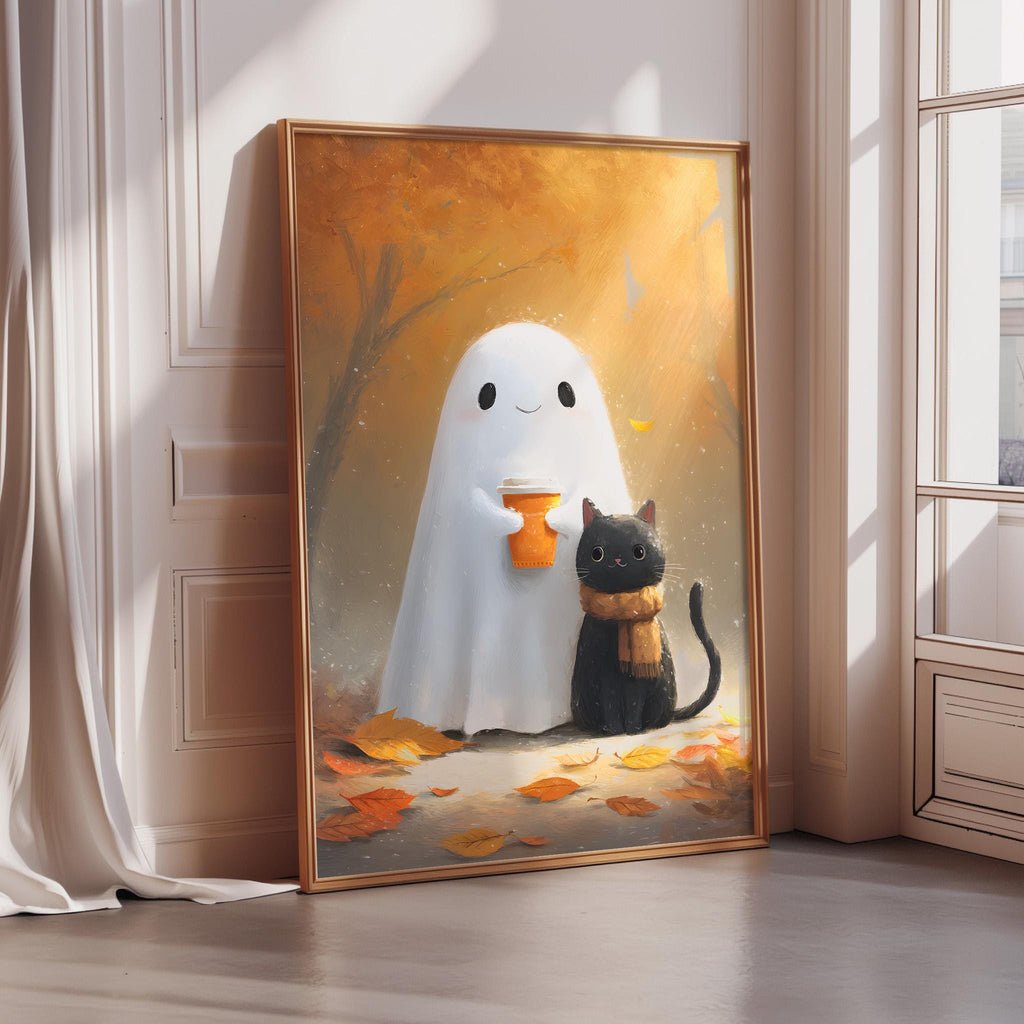 a painting of a ghost holding a cup of coffee and a black cat sitting next to it, set against a background of autumn leaves.