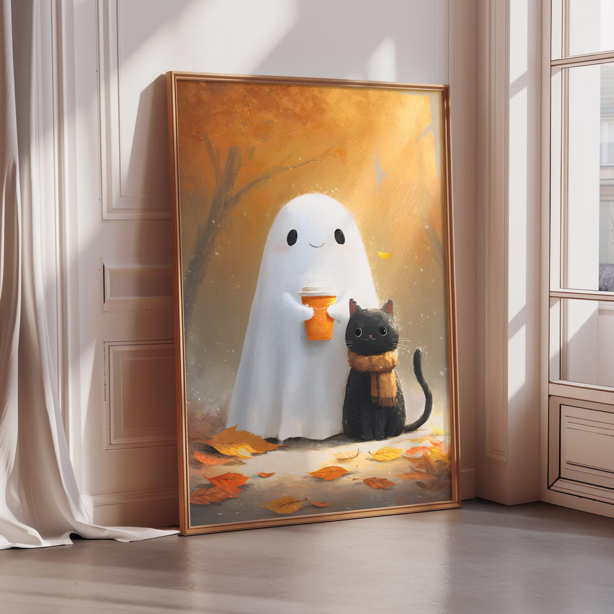 a painting of a ghost holding a cup of coffee and a black cat sitting next to it, set against a background of autumn leaves.