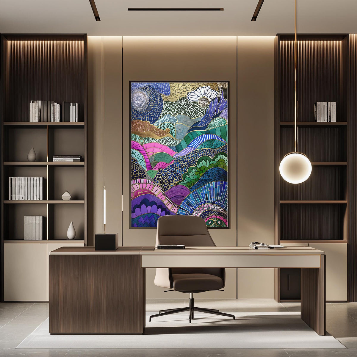a modern and stylish office space with a large abstract painting on the wall, a wooden desk with a chair, and built-in bookshelves.