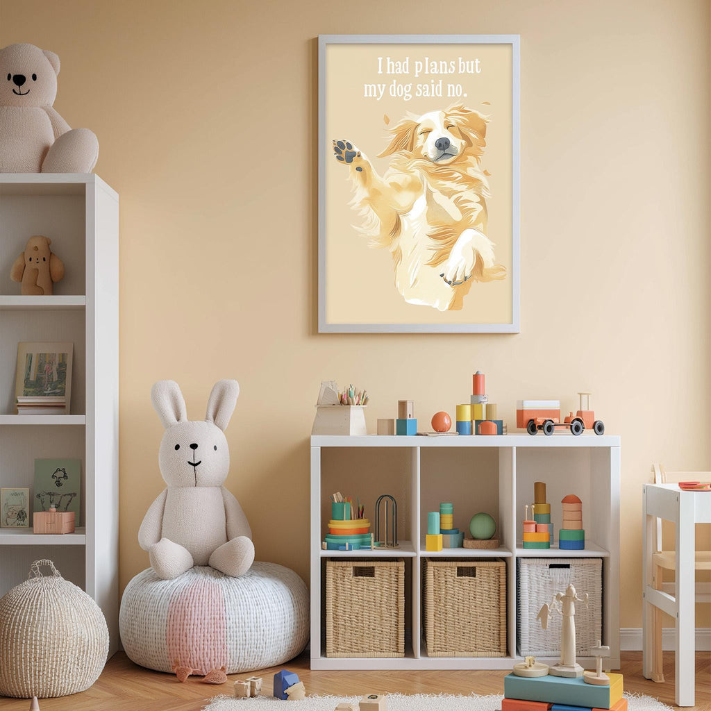A child's bedroom with a dog-themed poster on the wall, a stuffed rabbit, a toy train, and a toy car.