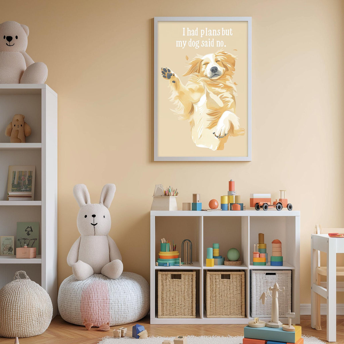 A child's bedroom with a dog-themed poster on the wall, a stuffed rabbit, a toy train, and a toy car.