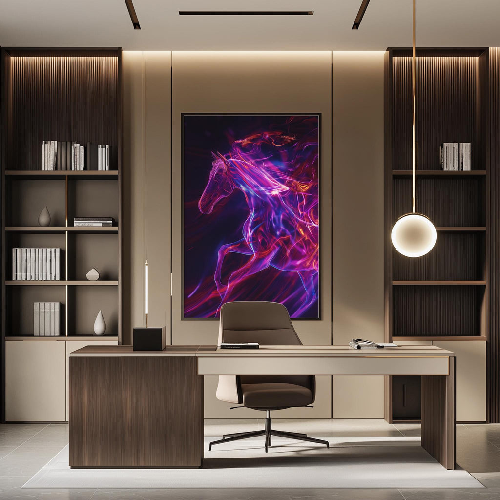 a modern and stylish office space with a large abstract painting of a horse's head in vibrant purple and pink colors hanging on the wall. The office features a wooden desk with a chair, a bookshelf, and a lamp, creating a professional and comfortable work environment.