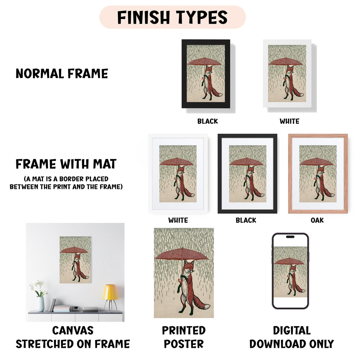 various framed artworks, including a painting of a fox with an umbrella, a black and white photograph of a fox with an umbrella, and a digital poster of a fox with an umbrella. The artworks are displayed in different frame types, such as a normal frame, a frame with a mat, and a digital poster. The artworks are also categorized as canvas stretched on frame, printed poster, and digital download only.