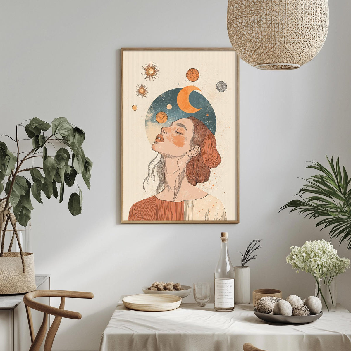 a framed illustration of a woman with a crescent moon and sun above her head, surrounded by celestial elements. The artwork is displayed on a wall above a dining table, which is set with various items such as a bottle, a bowl, and a vase. The room is decorated with potted plants and a hanging light fixture, creating a serene and artistic atmosphere.