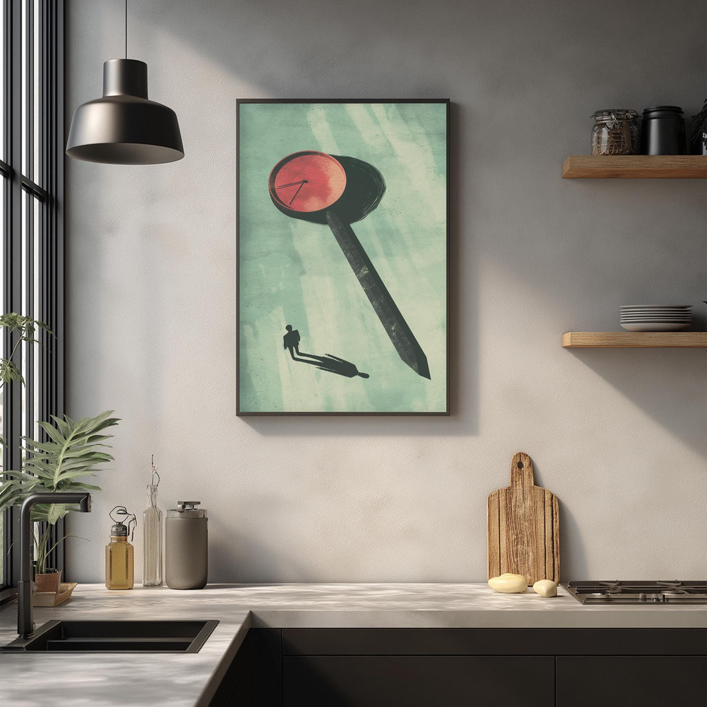 a kitchen counter with various kitchen items, including a cutting board, a bottle, and a plant. Above the counter, there is a framed artwork depicting a stylized clock with a red face and black hands.
