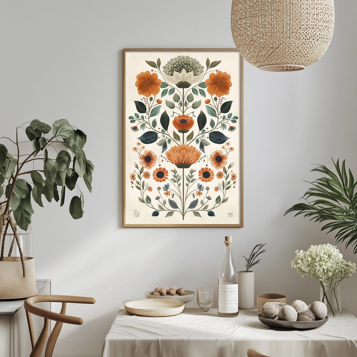 a dining table with a white tablecloth, a bowl of fruit, a bottle, and a vase with flowers. Above the table, there is a framed print of a floral design with orange and green flowers.