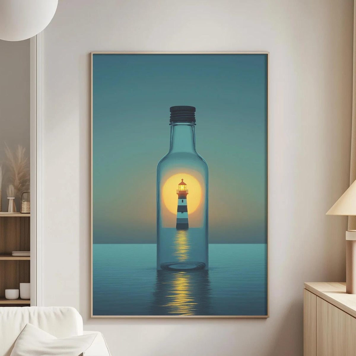a large painting of a lighthouse inside a bottle, hanging on a wall in a living room.