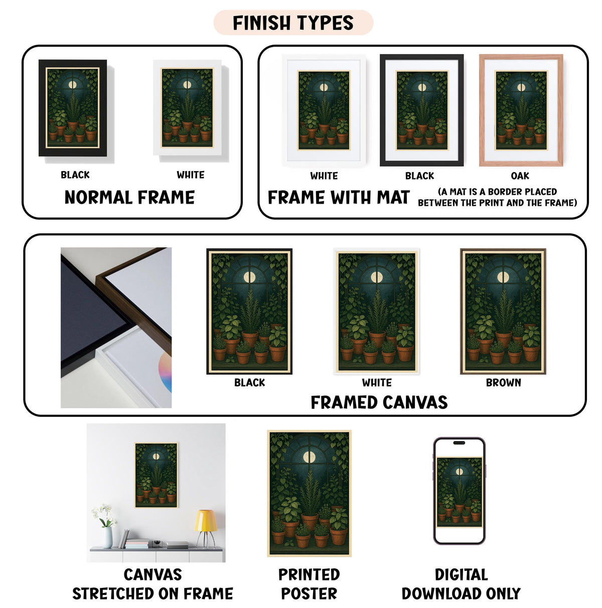 various framed artworks, including paintings and photographs, with different finishes and frame types. It also includes information about the finishes and frame types, as well as descriptions of the artworks.