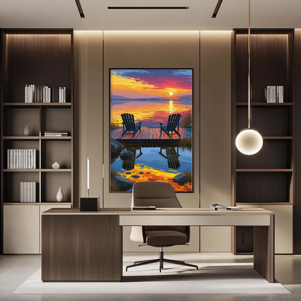 a modern office space with a large painting of a serene lakeside scene hanging on the wall. The painting depicts a wooden dock with two chairs overlooking a tranquil lake, surrounded by a sunset sky. The office has a sleek, contemporary design with a wooden desk, chair, and shelving units.