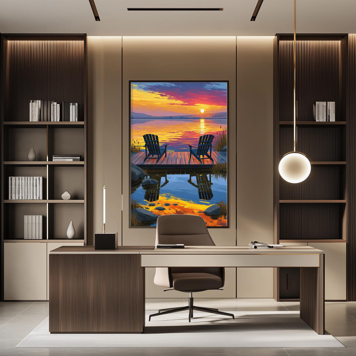 a modern office space with a large painting of a serene lakeside scene hanging on the wall. The painting depicts a wooden dock with two chairs overlooking a tranquil lake, surrounded by a sunset sky. The office has a sleek, contemporary design with a wooden desk, chair, and shelving units.