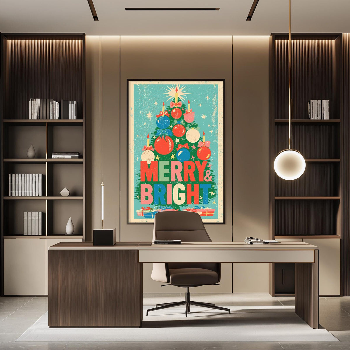 a modern office space with a large Christmas tree poster on the wall, a desk with a chair, and a bookshelf filled with books.