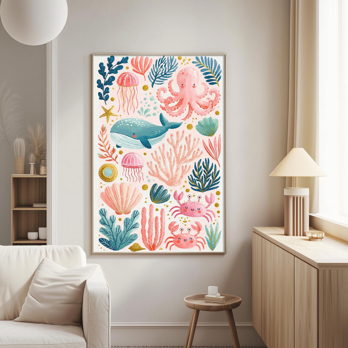 a vibrant and colorful painting of an underwater scene, including a whale, jellyfish, coral, and other marine life, hanging on a wall in a living room.