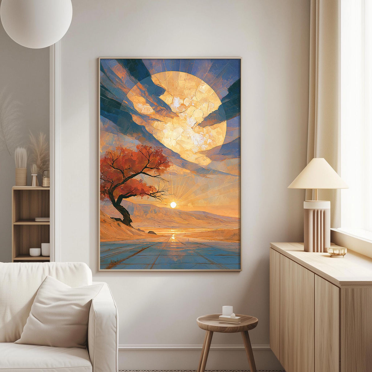a large, colorful painting of a sunset landscape hanging on a wall in a living room.