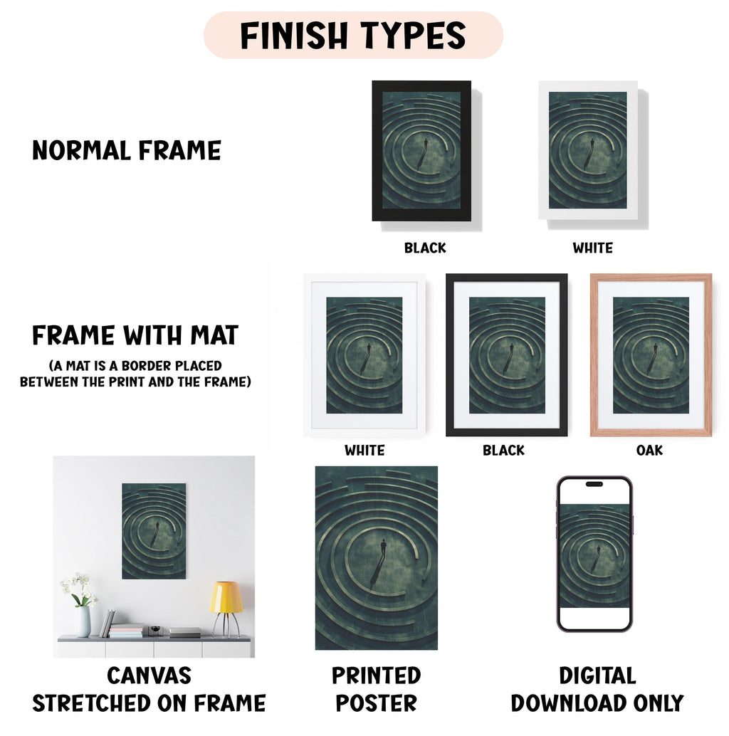 various types of artwork, including a normal frame, a frame with a mat, a white frame, a black frame, a white frame, a black frame, an oak frame, a canvas stretched on a frame, a printed poster, and a digital download only.