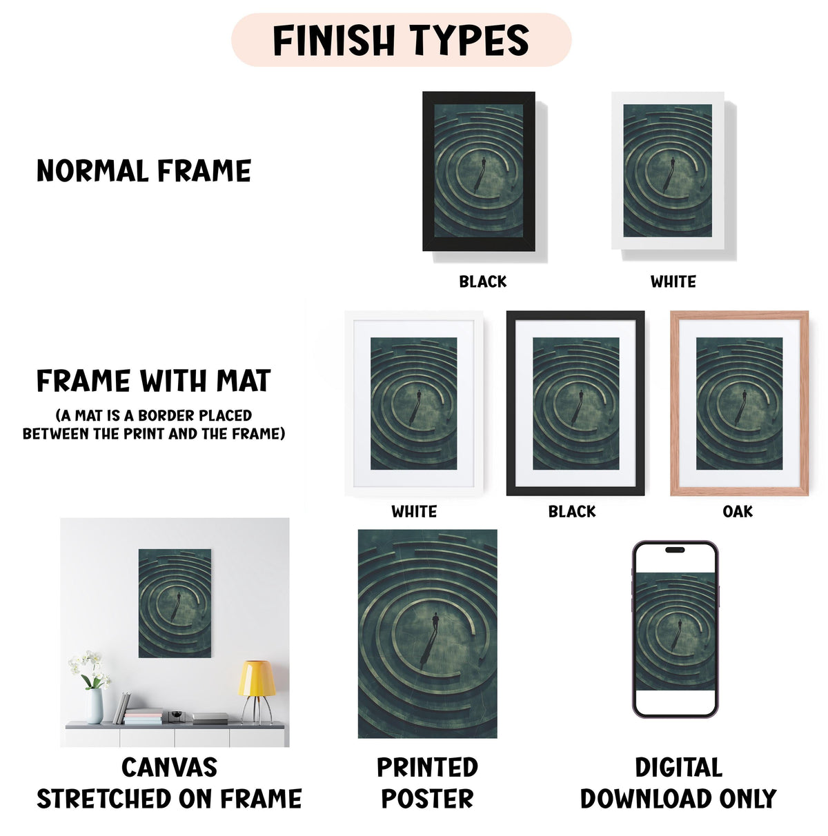 various types of artwork, including a normal frame, a frame with a mat, a white frame, a black frame, a white frame, a black frame, an oak frame, a canvas stretched on a frame, a printed poster, and a digital download only.