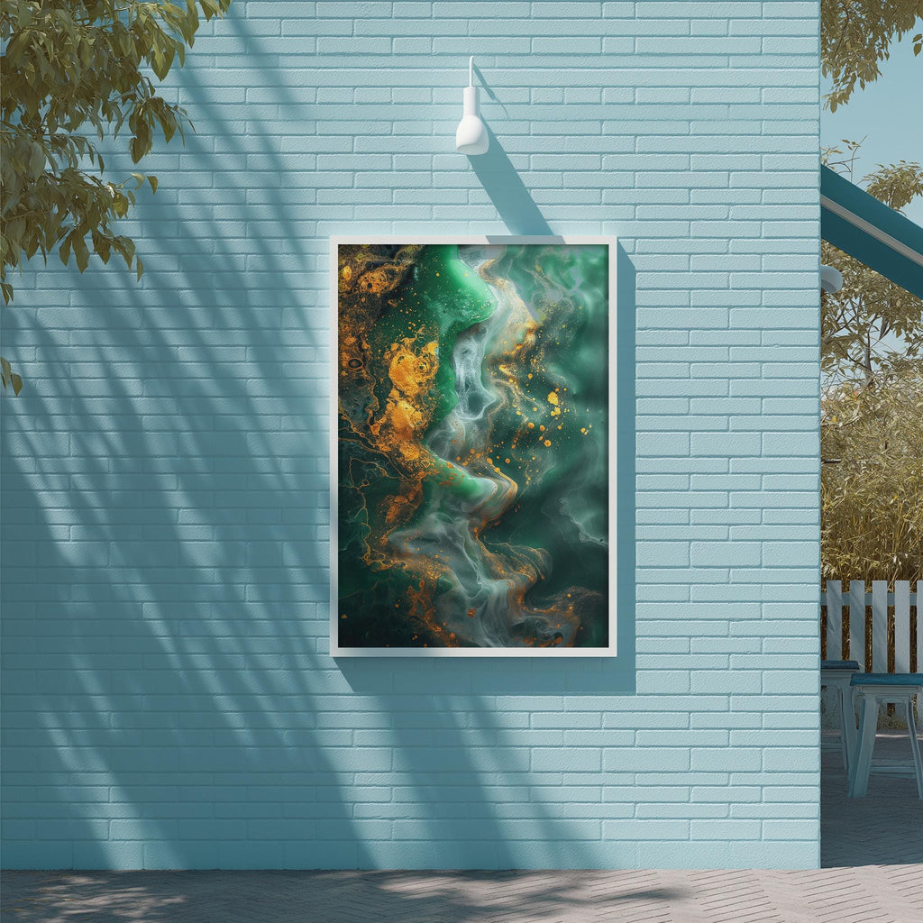 a large abstract painting hanging on a blue brick wall.