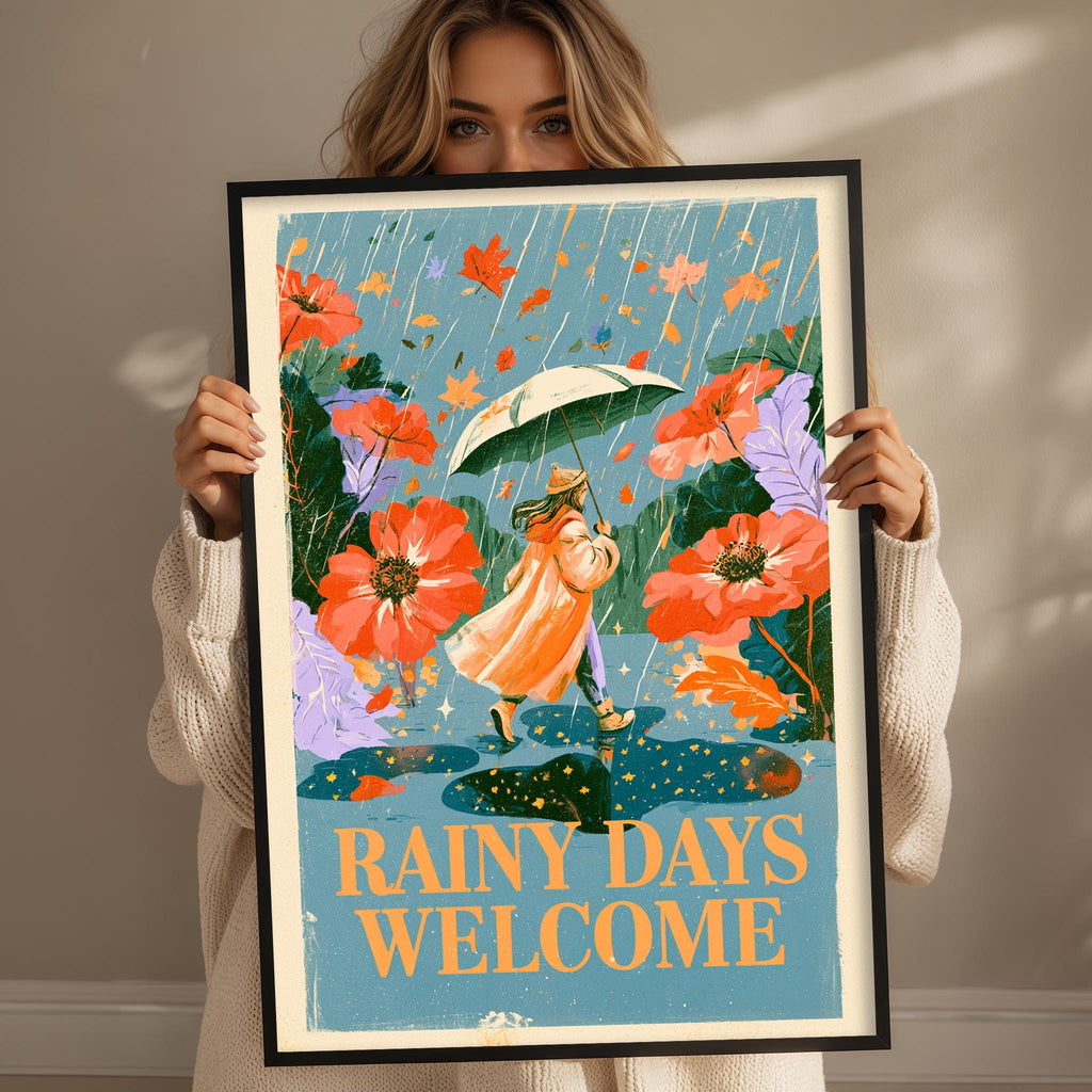 A woman holding a framed poster with a colorful illustration of a person walking in the rain, surrounded by flowers and raindrops.