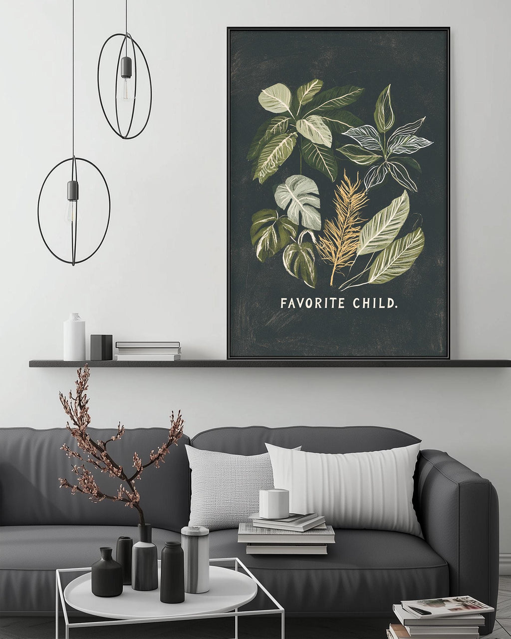a modern living room with a gray sofa, a coffee table, and a large framed print of a plant illustration hanging on the wall above the sofa.