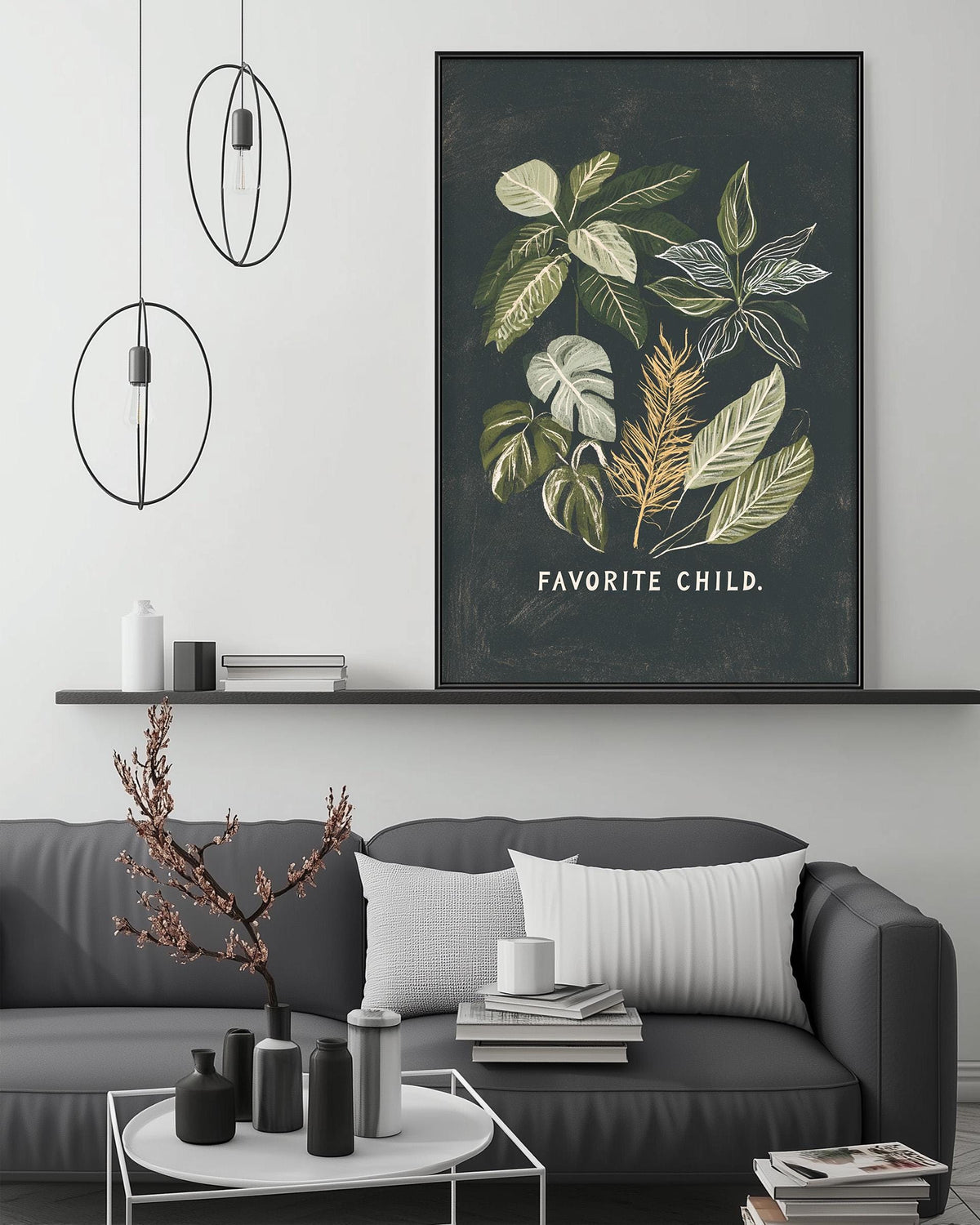 a modern living room with a gray sofa, a coffee table, and a large framed print of a plant illustration hanging on the wall above the sofa.