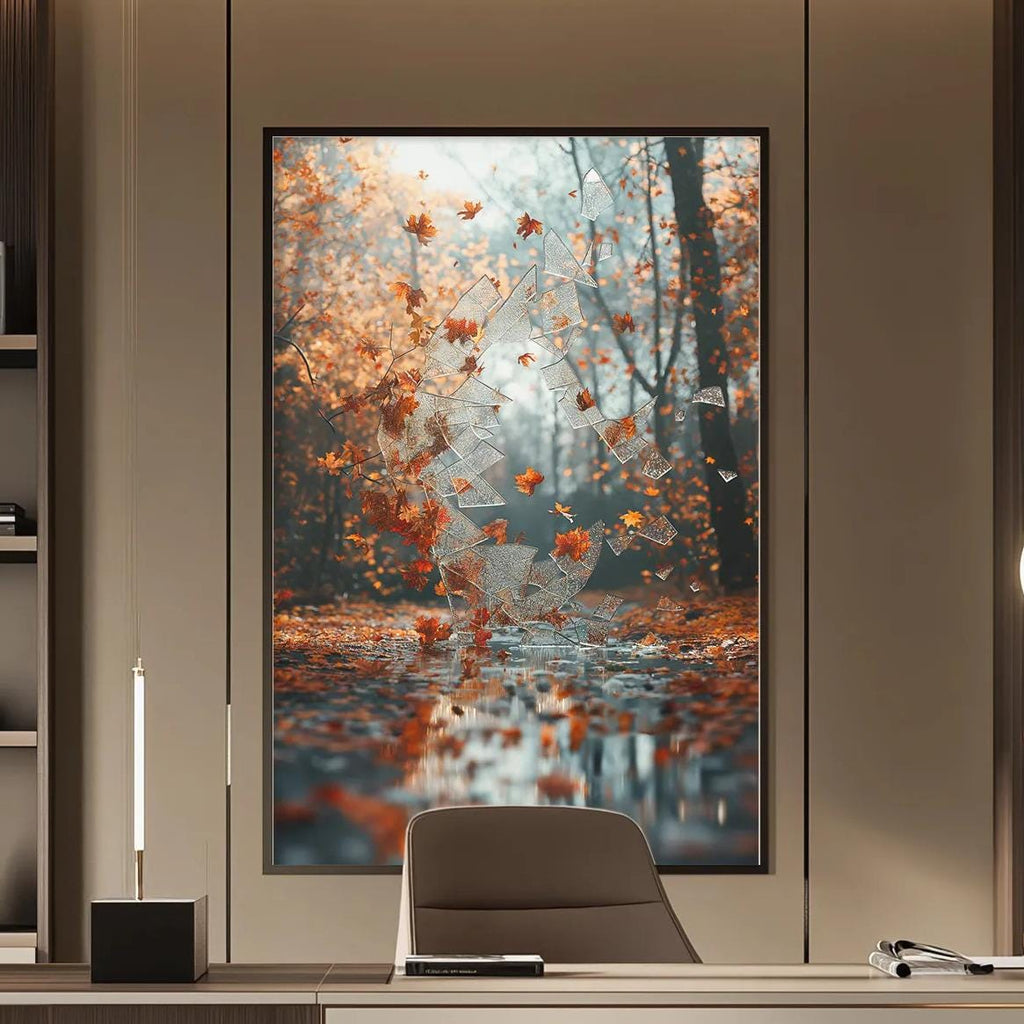 a modern and well-lit office space with a large framed artwork of a forest scene hanging on the wall. The office features a wooden desk, a comfortable-looking chair, and a pendant light above the desk, creating a warm and inviting atmosphere.