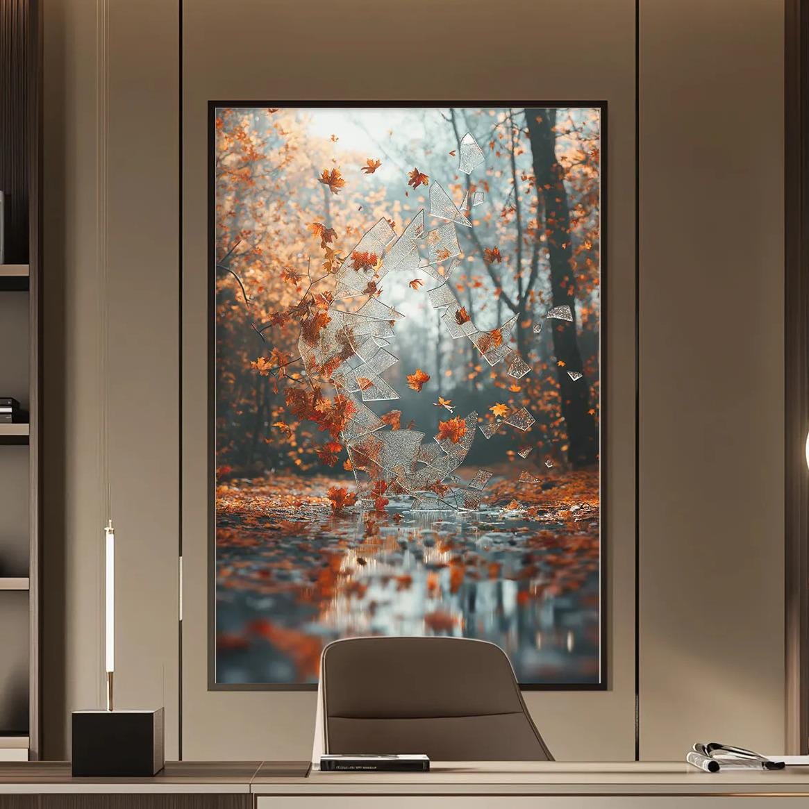 a modern and well-lit office space with a large framed artwork of a forest scene hanging on the wall. The office features a wooden desk, a comfortable-looking chair, and a pendant light above the desk, creating a warm and inviting atmosphere.