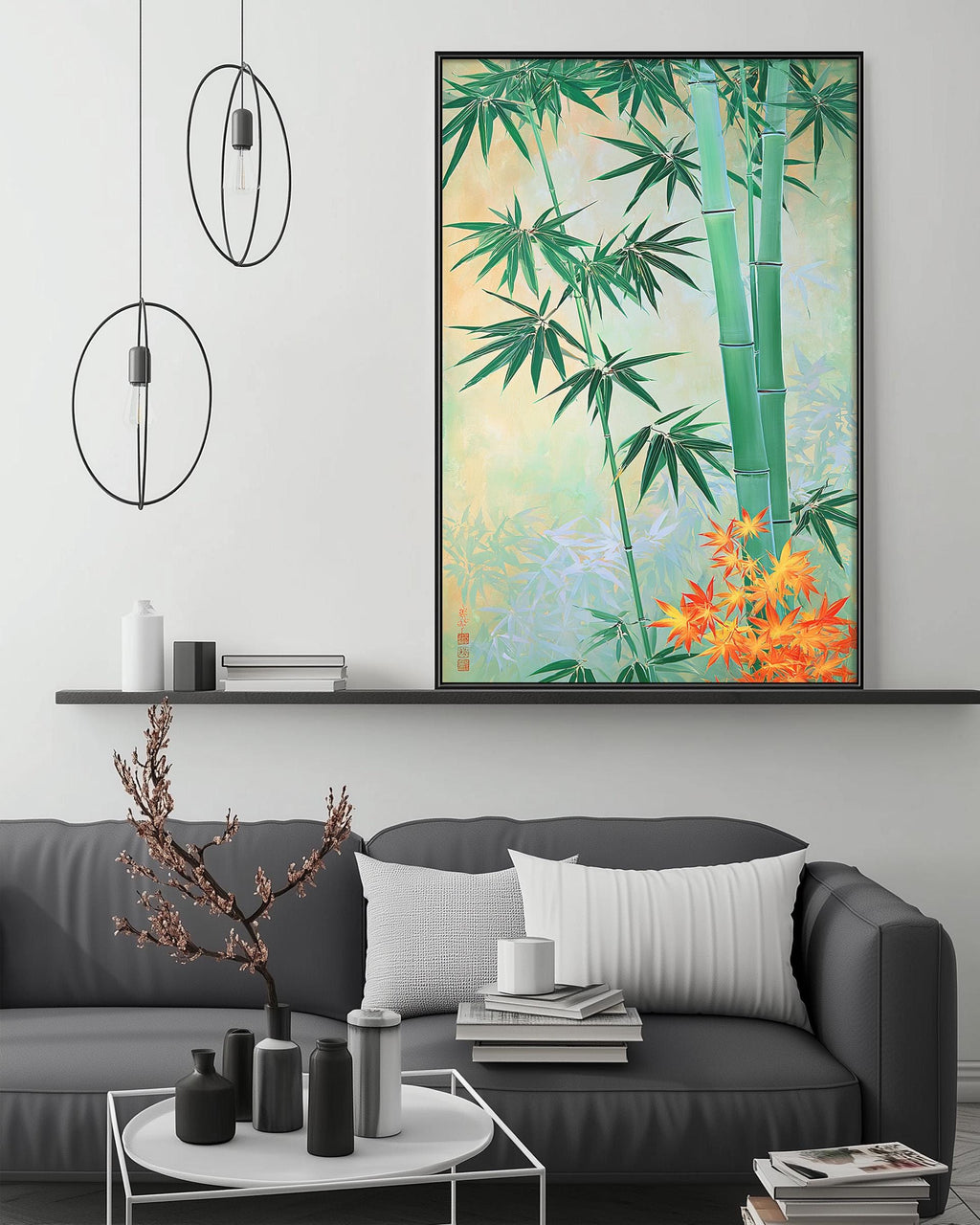 a modern living room with a gray sofa, a coffee table, and a large framed painting of bamboo and orange leaves hanging on the wall above the sofa.