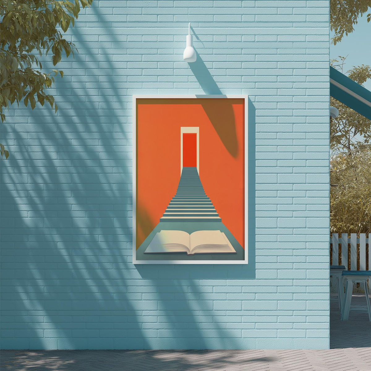 a blue brick wall with a framed illustration of a staircase leading up to a red door.