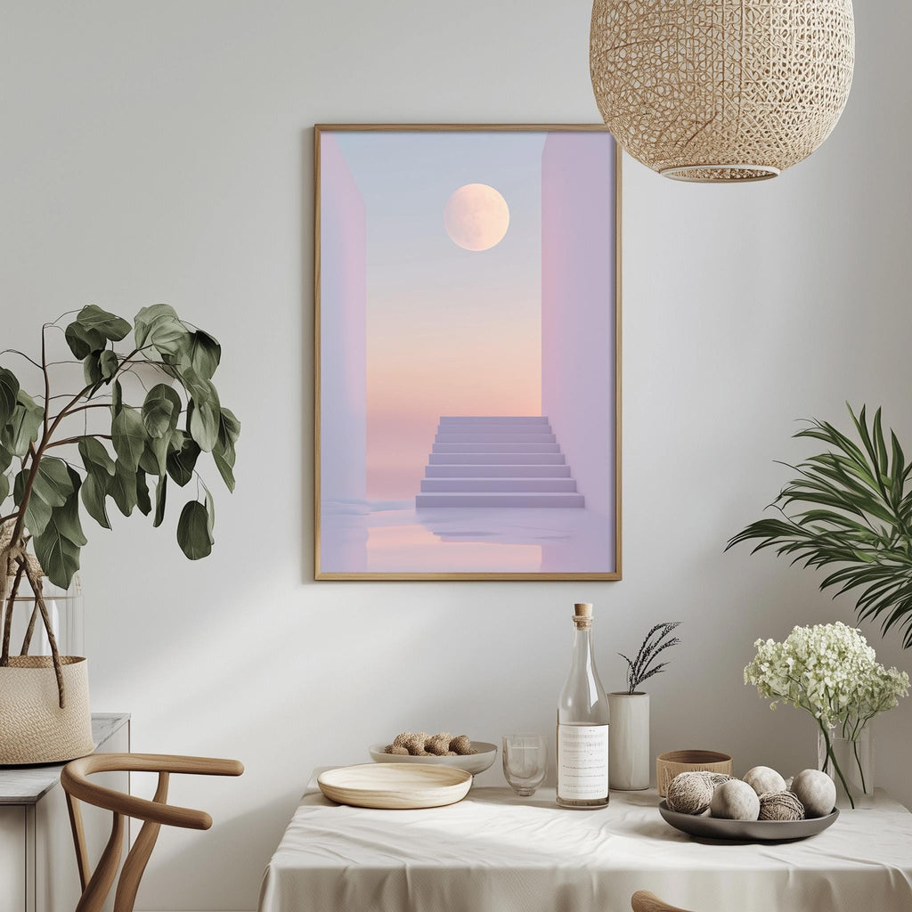 a minimalist dining room with a table set for two, a potted plant, a hanging light fixture, and a framed artwork depicting a staircase leading to a moonlit sky.