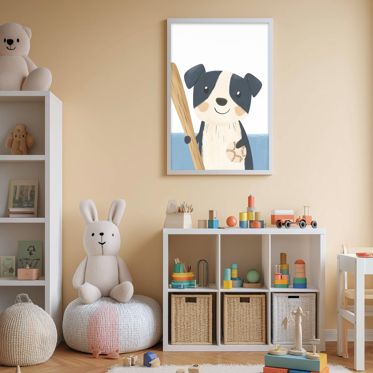 A child's bedroom with a white bookshelf, a stuffed rabbit, a toy train, and a framed picture of a dog on the wall.