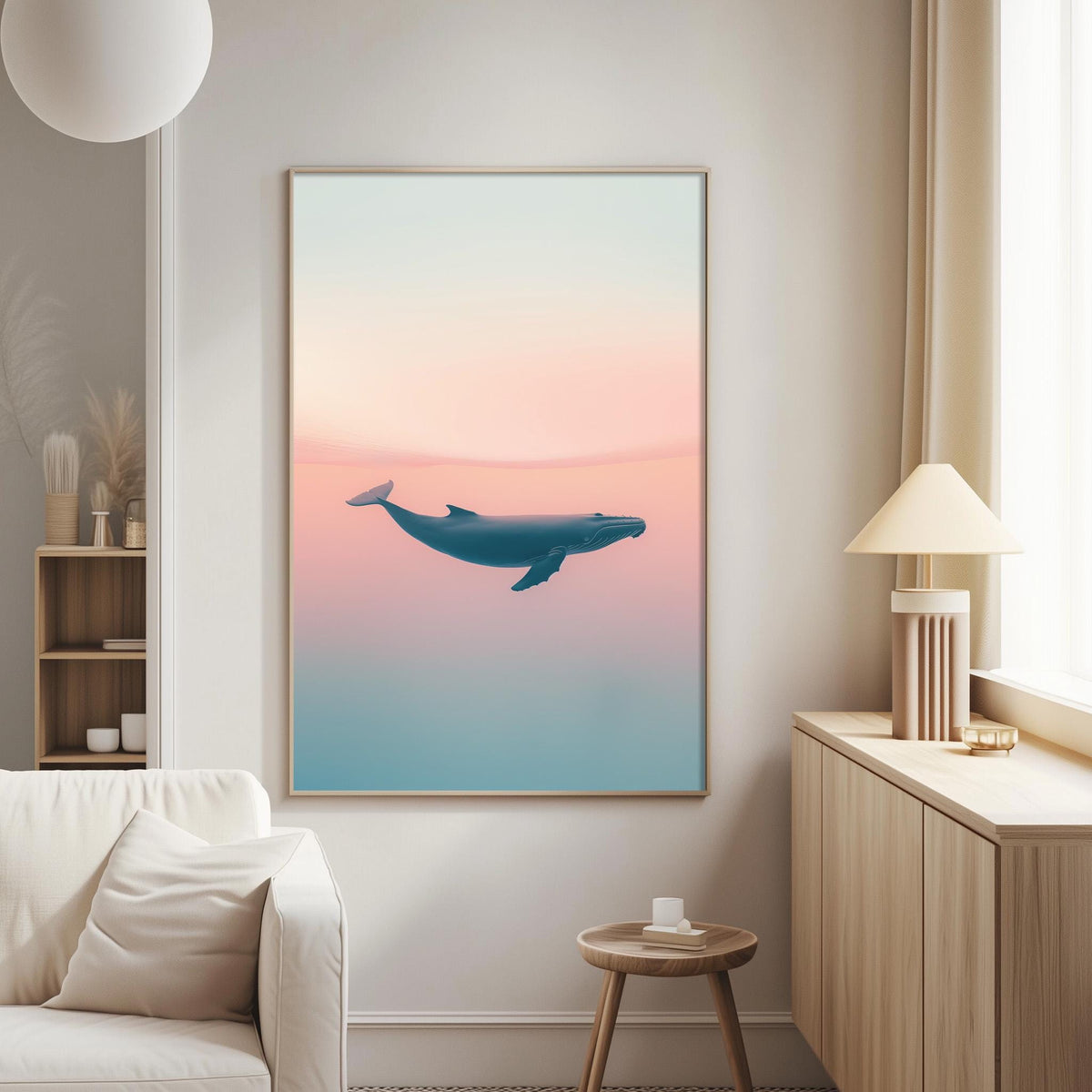 a large framed picture of a whale in the center of the room, with a white sofa and a wooden side table nearby.