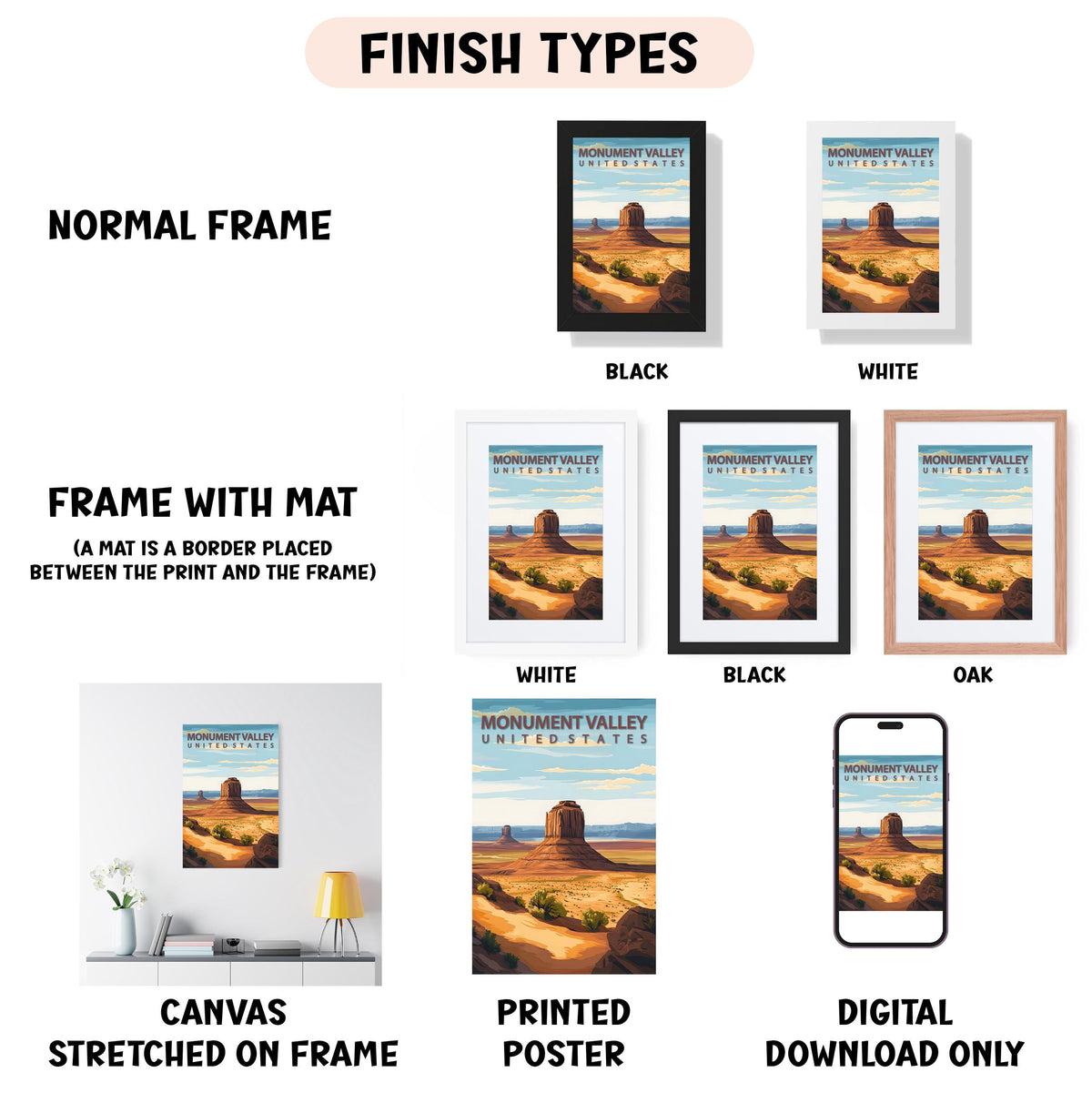 various finish types for a poster, including a normal frame, a frame with mat, white, black, and oak frames, and a digital download only. The poster features a desert landscape with a monument in the background.